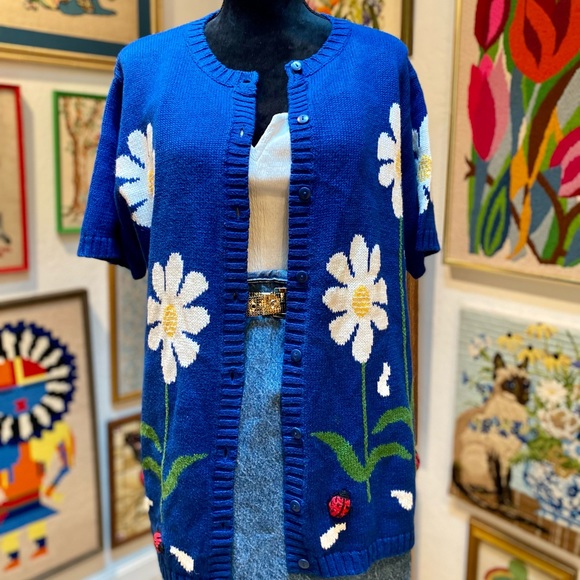 Quacker Factory Sweaters - Anthro Style Embroidered Blue Boho Cottage Cute Daisy Ladybug Knit Sweater NWOT
